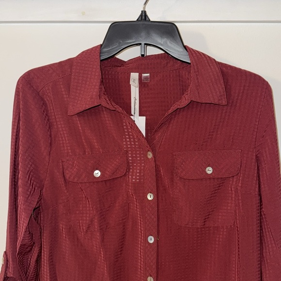 Ny Collection Petite 3/4 Sleeve Windowpane Blouse Wine NWT Size Small - Picture 7 of 14